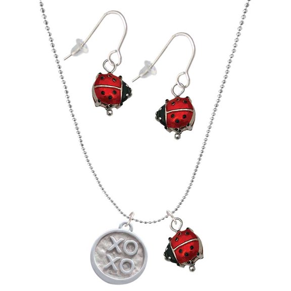 Delight Jewelry Silvertone XOXO - Round Seal Red Lucky Ladybug Necklace and Dangle Earrings Set