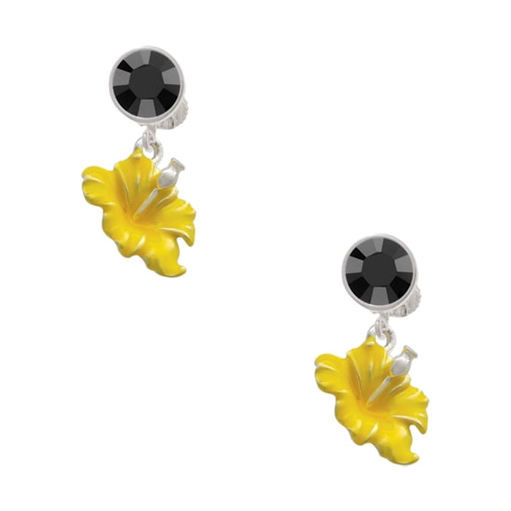 Delight Jewelry Silvertone Yellow Hibiscus Flower Black Crystal Clip on Earrings