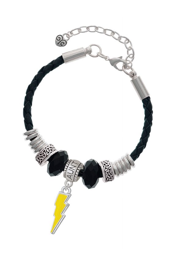 Silvertone Yellow Lightning Bolt Aunt Celtic Knot Leather Bead Bracelet, 7"+2" Extender