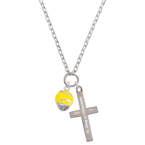 Delight Jewelry Silvertone Yellow Softball with Stitching Spinner Be Strong and Courageous Engraved Cross Zoey Necklace, 28"