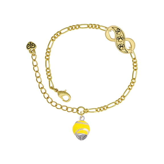Delight Jewelry Silvertone Yellow Softball with Stitching Spinner Gold-tone Paw Infinity Link Chain Bracelet, 6"+2" Extender