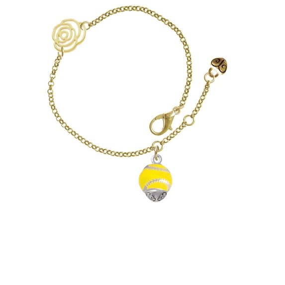 Delight Jewelry Silvertone Yellow Softball with Stitching Spinner Gold-tone Rose Link Chain Bracelet, 6.25"+1.75" Extender