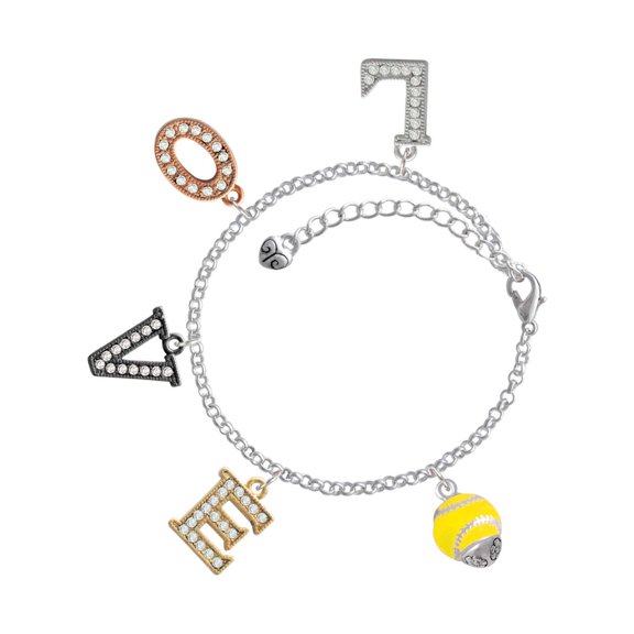 Delight Jewelry Silvertone Yellow Softball with Stitching Spinner Multi-Colored Crystal Love Charm Bracelet
