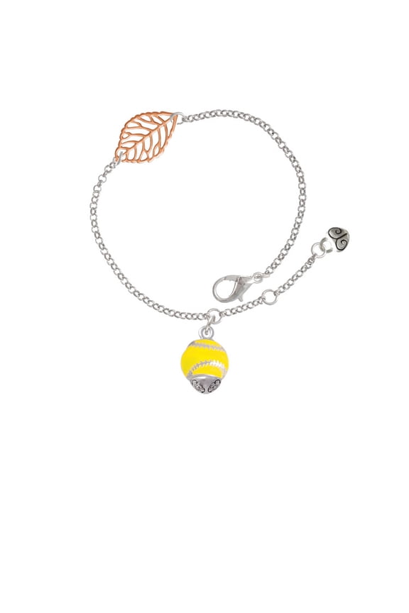 Silvertone Yellow Softball with Stitching Spinner - Rose Goldtone Leaf Delicate Bracelet, 6.25+1.75"