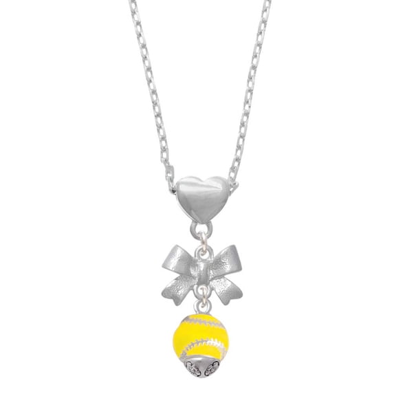 Delight Jewelry Silvertone Yellow Softball with Stitching Spinner Silver tone Bow Heart Necklace