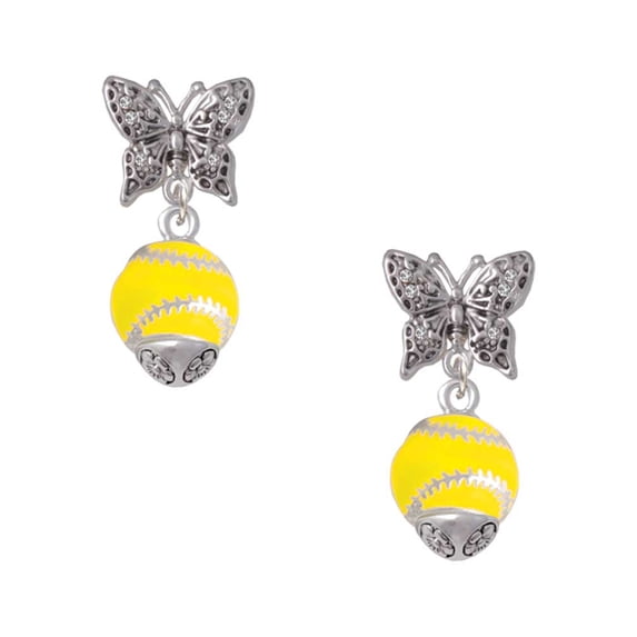 Delight Jewelry Silvertone Yellow Softball with Stitching Spinner Silvertone Antiqued Butterfly Post Earrings