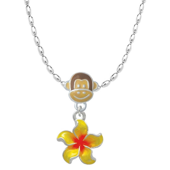 Delight Jewelry Silvertone Yellow and Orange Plumeria Flower Mia Monkey Charm Necklace