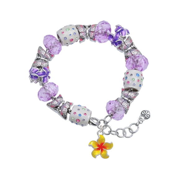 Delight Jewelry Silvertone Yellow and Orange Plumeria Flower Purple Butterfly Bead Charm Bracelet, 7"+1" Extender