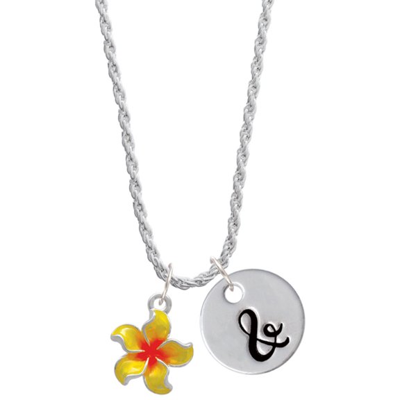 Delight Jewelry Silvertone Yellow and Orange Plumeria Flower Silvertone Script Initial Disc - & - Charm Necklace, 20"+3"