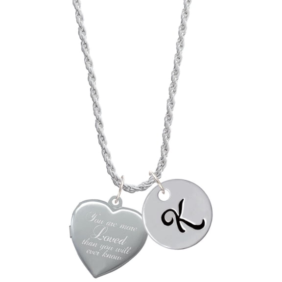 Delight Jewelry Silvertone You Are More Loved Engraved Locket Silvertone Script Initial Disc - K - Charm Necklace, 20"+3"