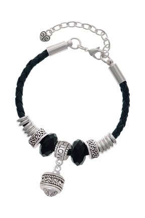 Silvertone Zig Zag with Braid Spinner Mother Celtic Knot Leather Bead Bracelet, 7"+2" Extender
