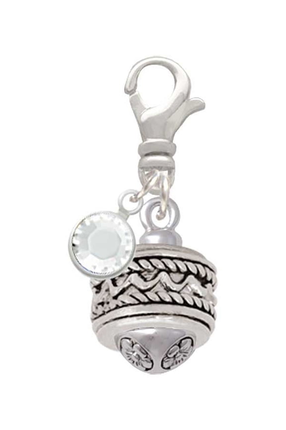 Silvertone Zig Zag with Braid Spinner - Silvertone Clip on Charm with Clear Crystal Drop