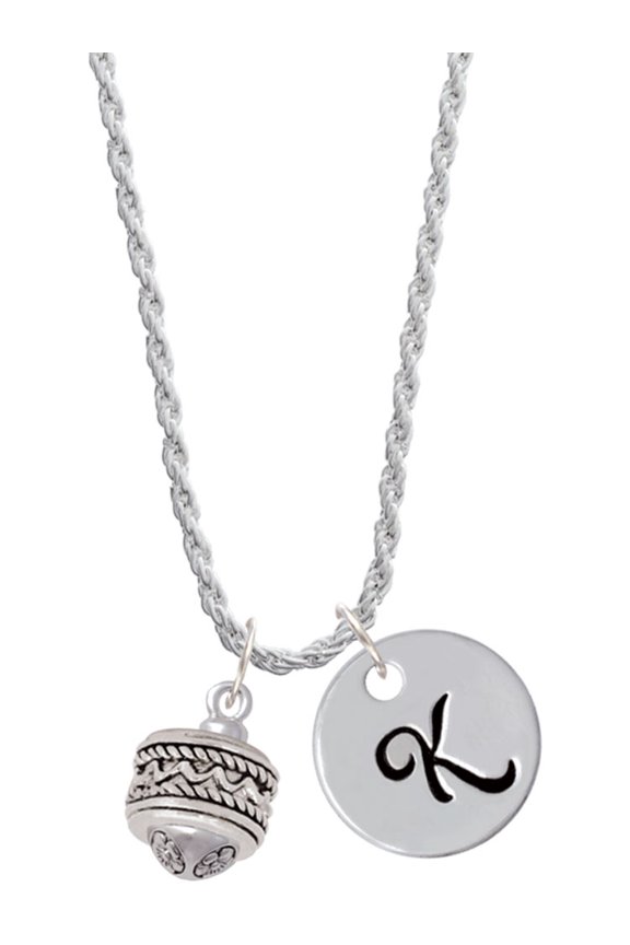 Silvertone Zig Zag with Braid Spinner Silvertone Script Initial Disc - K - Charm Necklace, 20"+3"