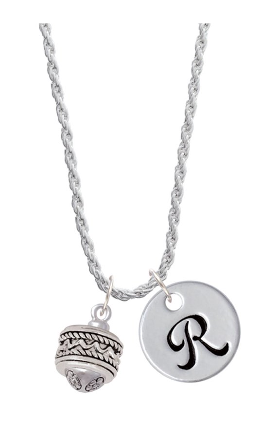 Silvertone Zig Zag with Braid Spinner Silvertone Script Initial Disc - R - Charm Necklace, 20"+3"