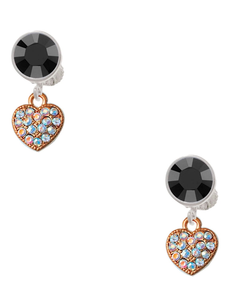 Delight Jewelry Small Rose Goldtone Heart with Clear AB Crystals Black Crystal Clip on Earrings