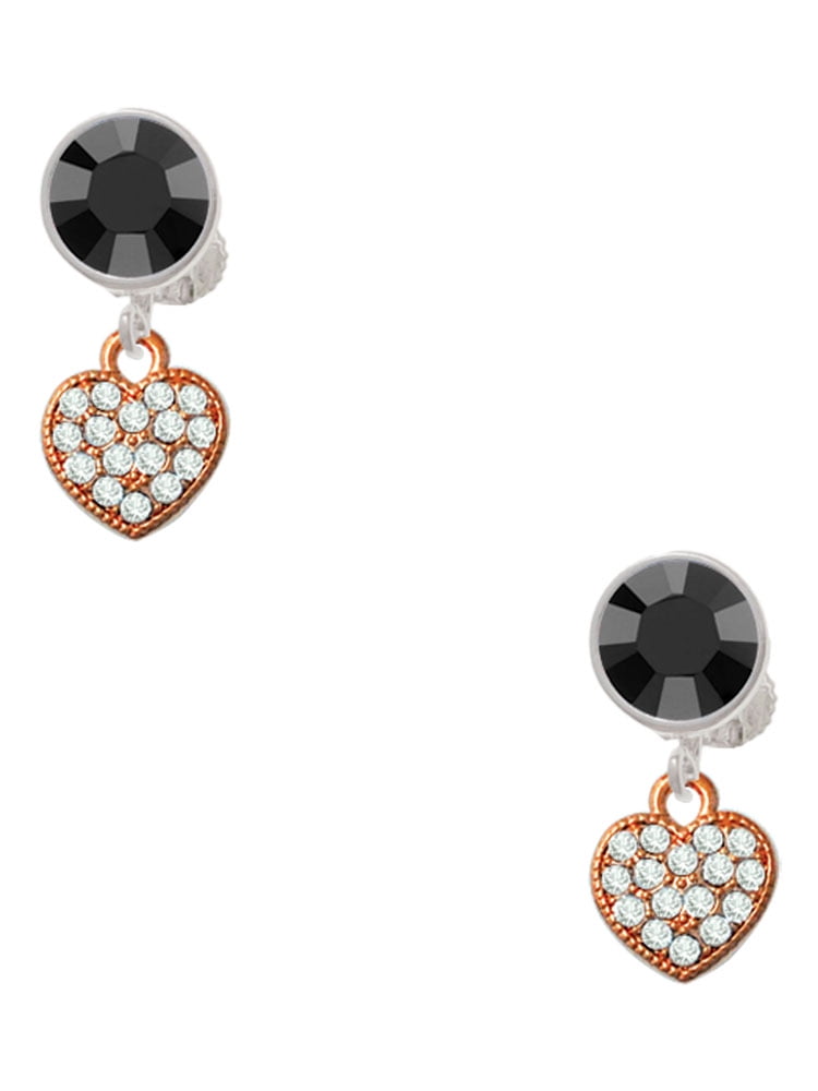 Delight Jewelry Small Rose Goldtone Heart with Clear Crystals Black Crystal Clip on Earrings