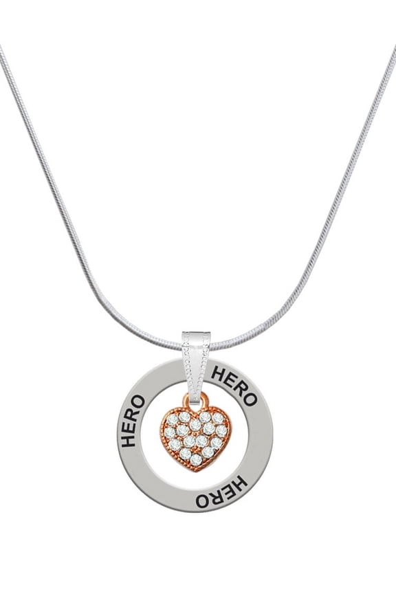 Small Rose Goldtone Heart with Clear Crystals Hero Ring Charm Necklace, 18"