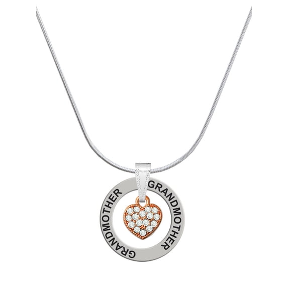Delight Jewelry Small Rose Goldtone Heart with Clear Crystals Silvertone Grandmother Ring Charm Necklace, 18"