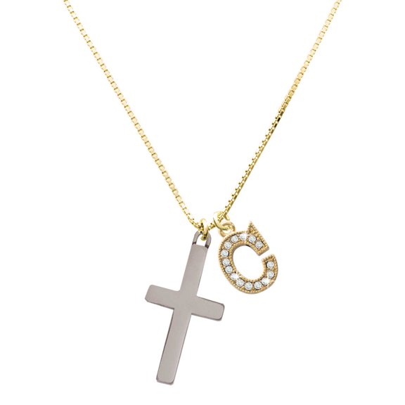 Delight Jewelry Stainless Steel 1.3" Cross - Large Goldtone Crystal Initial - C - Charm Necklace, 17.5"+2"