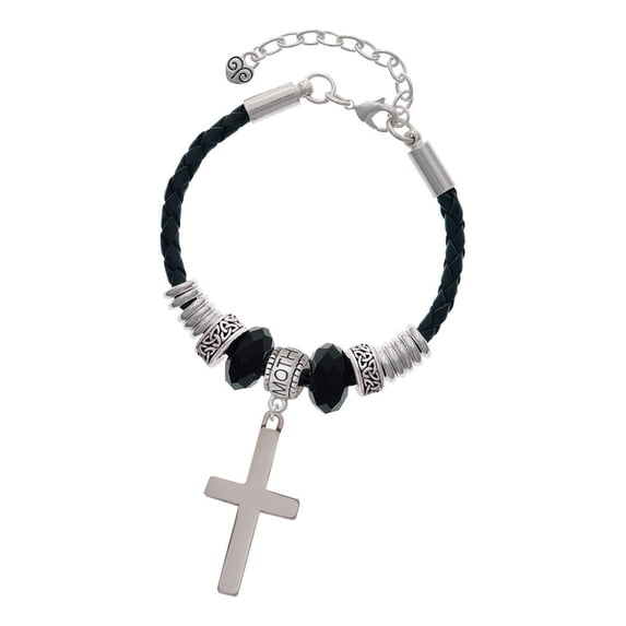 Delight Jewelry Stainless Steel 1.3" Cross - Mother Celtic Knot Leather Bead Bracelet, 7"+2" Extender
