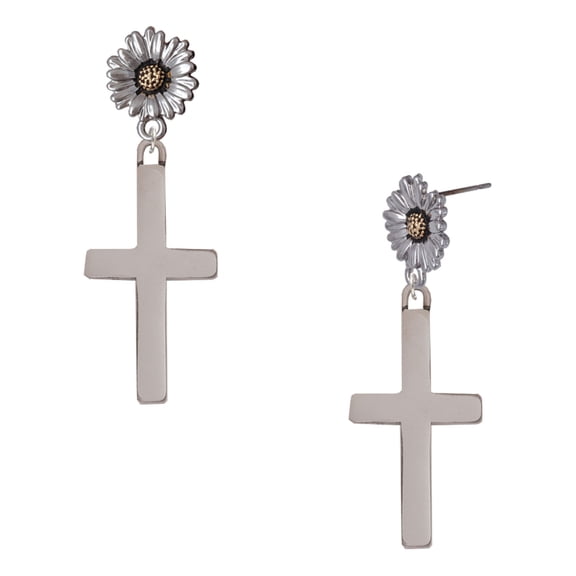 Delight Jewelry Stainless Steel 1.3" Cross - Two-tone Daisy Flower Post Earrings