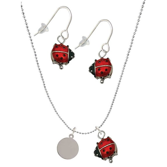 Delight Jewelry Stainless Steel 10mm Blank Disc - Red Lucky Ladybug Necklace and Dangle Earrings Set