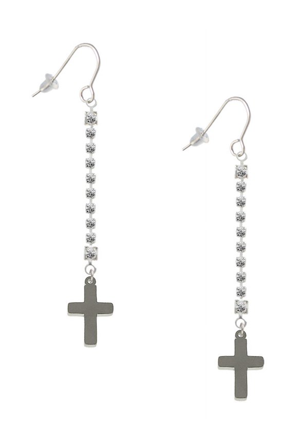 Stainless Steel 5/8" Cross - Silver-tone Long Sparkle Dangle French Earrings