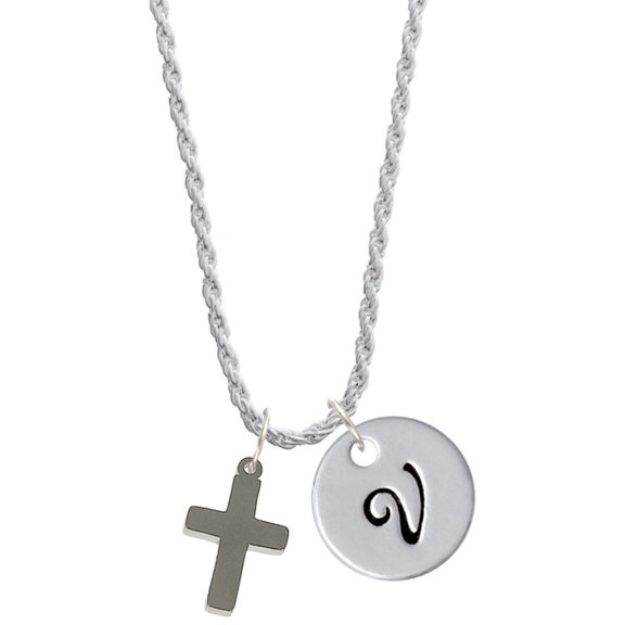 Delight Jewelry Stainless Steel 5/8" Cross - Silvertone Script Initial Disc - V - Charm Necklace, 20"+3"