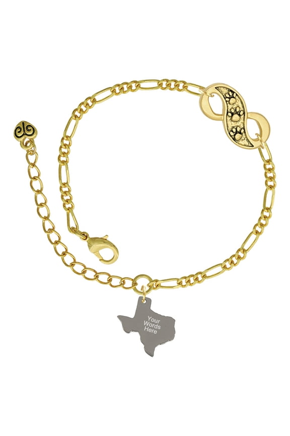 Stainless Steel Custom Engraved Texas - Gold-tone Paw Infinity Link Chain Bracelet, 6"+2" Extender