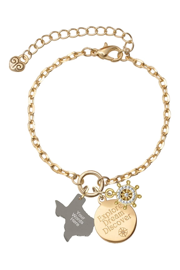 Stainless Steel Custom Engraved Texas - Goldtone Discover Dream Explore Zoey Charm Bracelet, 6.5+2" Extender