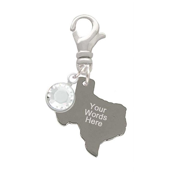 Delight Jewelry Stainless Steel Custom Engraved Texas - - Silvertone Clip on Charm with Clear Crystal Drop