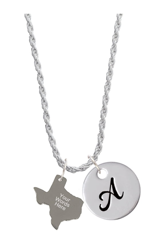 Stainless Steel Custom Engraved Texas - Silvertone Script Initial Disc - A - Charm Necklace, 20"+3"