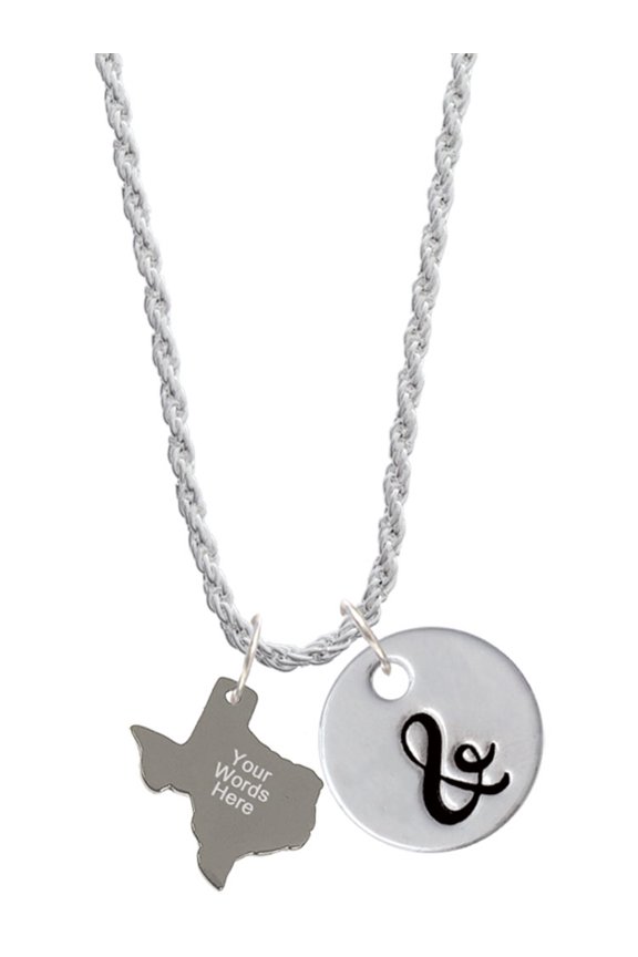 Stainless Steel Custom Engraved Texas - Silvertone Script Initial Disc - & - Charm Necklace, 20"+3"