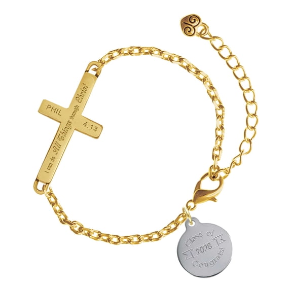 Delight Jewelry Stainless Steel Disc Class of 2028 - Gold Tone Philipians 4:13 I Do All Things Through Christ Engraved Cross Charm Bracelet, 6.5+1.5" Extender
