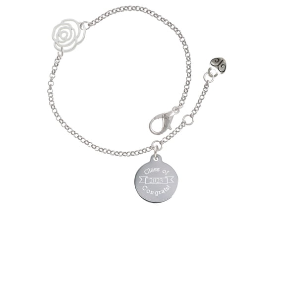 Delight Jewelry Stainless Steel Disc Class of 2023 Silver-tone Rose Link Chain Bracelet, 6.25"+1.75" Extender