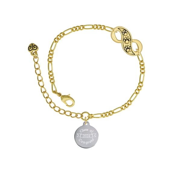 Delight Jewelry Stainless Steel Disc Class of 2024 Gold-tone Paw Infinity Link Chain Bracelet, 6"+2" Extender