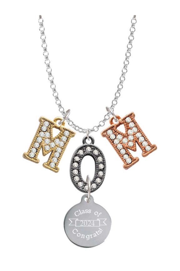 Stainless Steel Disc Class of 2024 Multi-Colored Crystal Mom Charm Necklace