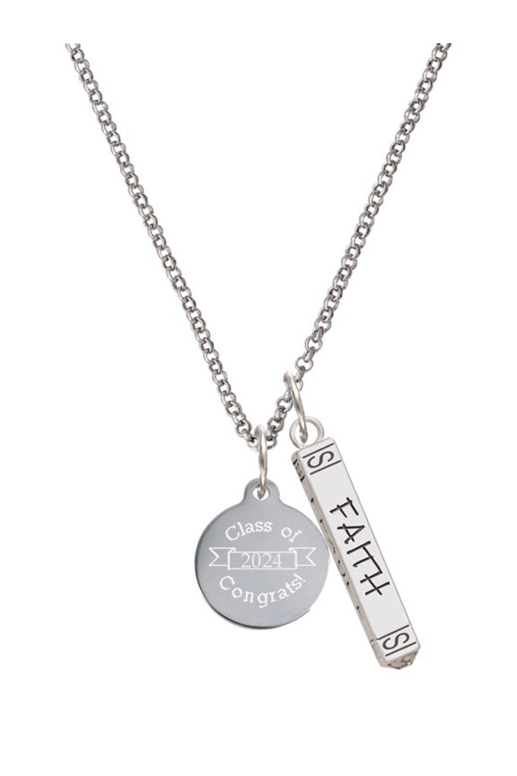 Stainless Steel Disc Class of 2024 Silvertone Believe Faith Prayer Hope Bar Charm Necklace, 23"