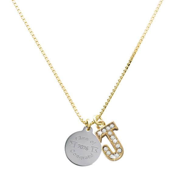 Delight Jewelry Stainless Steel Disc Class of 2026 and a Large Goldtone Crystal Initial J Charm Necklace, 17.5"+2"