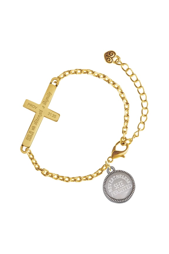 Stainless Steel Disc Nevertheless She Persisted - Gold Tone Proverbs 31:25 She is Clothed with Strength and Dignity Engraved Cross Charm Bracelet, 6.5+1.5" Extender