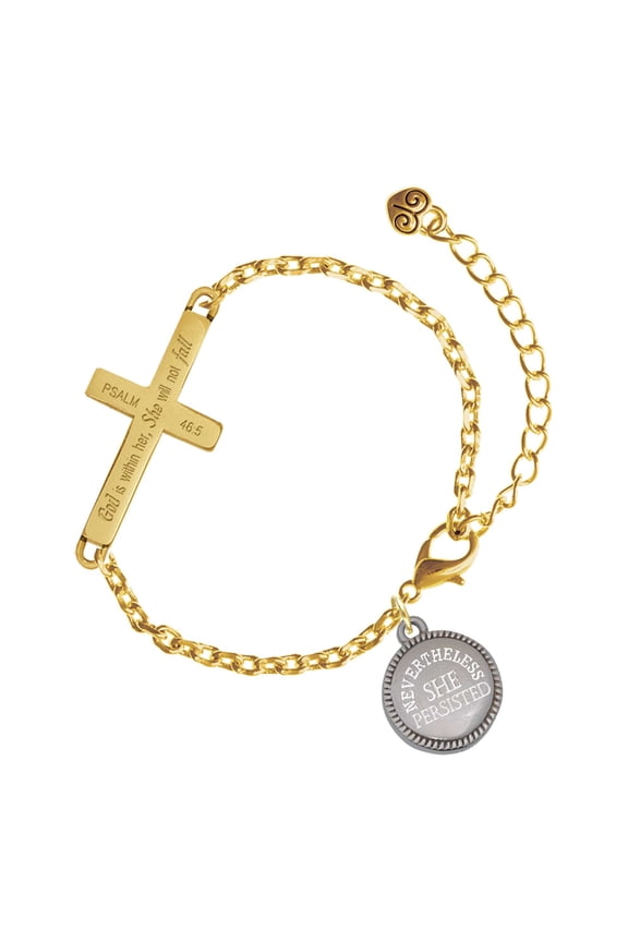 Stainless Steel Disc Nevertheless She Persisted - Gold Tone Psalm 46:5 She will not fall Engraved Cross Charm Bracelet, 6.5+1.5" Extender