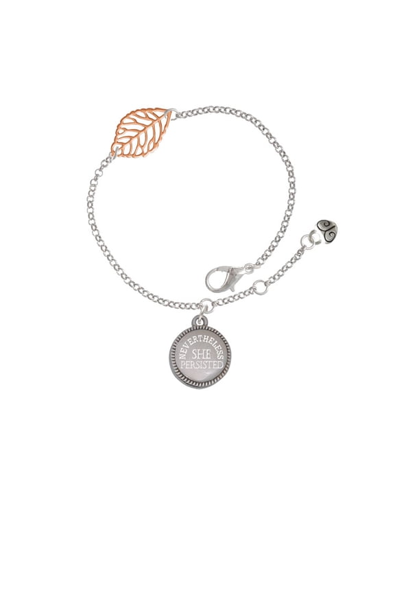 Stainless Steel Disc Nevertheless She Persisted - Rose Goldtone Leaf Delicate Bracelet, 6.25+1.75"
