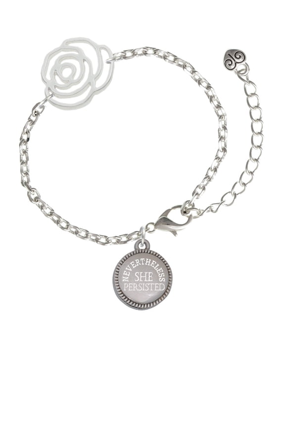 Stainless Steel Disc Nevertheless She Persisted Silver-tone Flower Link Chain Bracelet, 6.75"+2" Extender