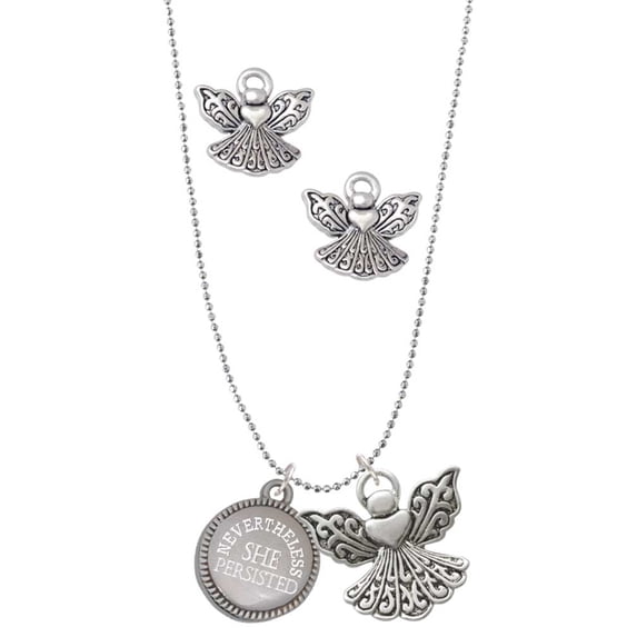 Delight Jewelry Stainless Steel Disc Nevertheless She Persisted Silver tone Guardian Angel Charm Necklace and Stud Earrings