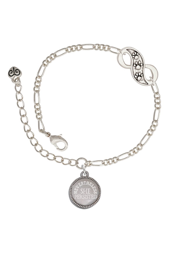 Stainless Steel Disc Nevertheless She Persisted Silver-tone Paw Infinity Link Chain Bracelet, 6"+2" Extender