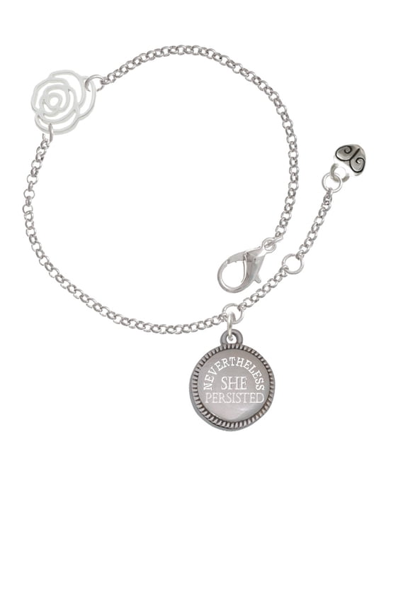 Stainless Steel Disc Nevertheless She Persisted Silver-tone Rose Link Chain Bracelet, 6.25"+1.75" Extender