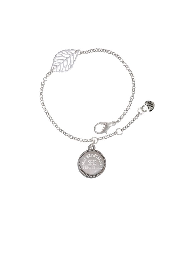 Stainless Steel Disc Nevertheless She Persisted - Silvertone Leaf Delicate Bracelet, 6.25+1.75"