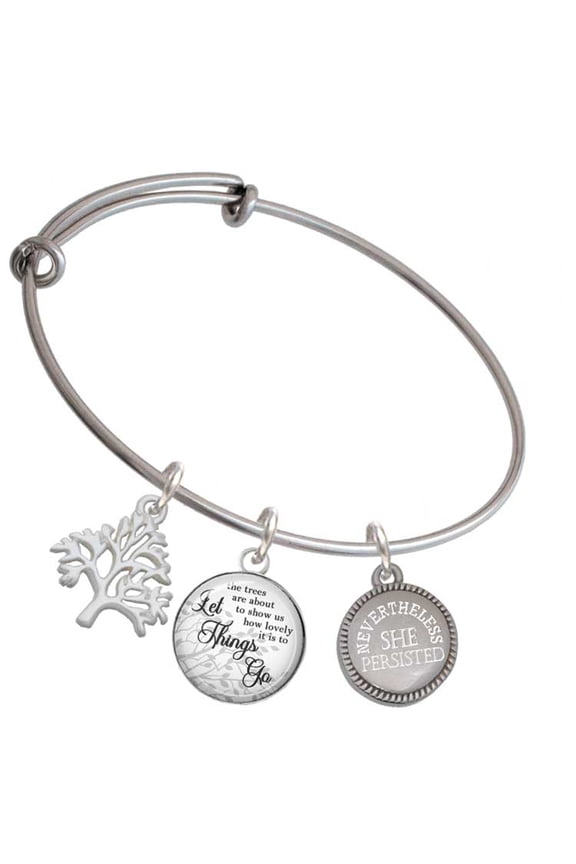 Stainless Steel Disc Nevertheless She Persisted Silvertone Let Things Go Tree Charm Bangle Bracelet