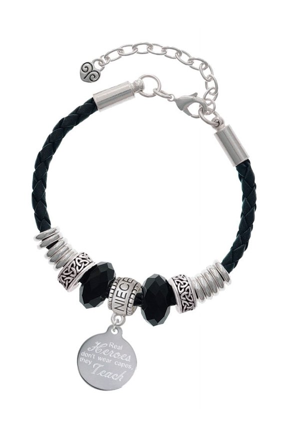 Stainless Steel Disc Real Heroes Teach Niece Celtic Knot Leather Bead Bracelet, 7"+2" Extender