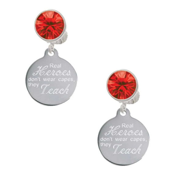 Delight Jewelry Stainless Steel Disc Real Heroes Teach Red Crystal Clip on Earrings